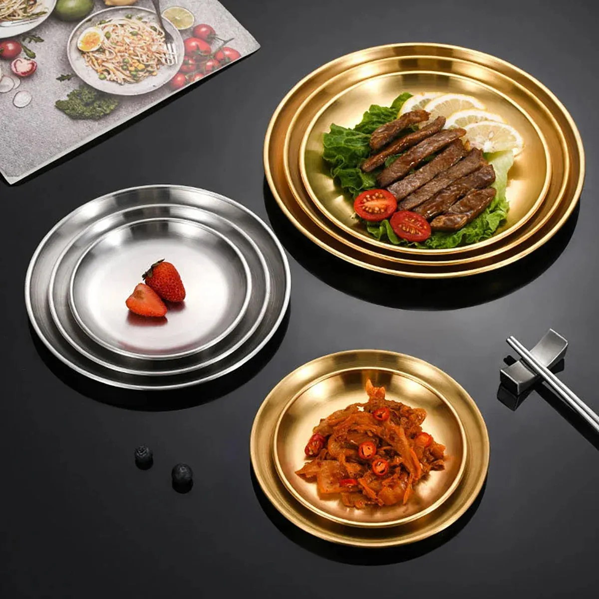 6 Piece Stainless Steel Bbq Plate Set For Korean Style Meat And Chicken