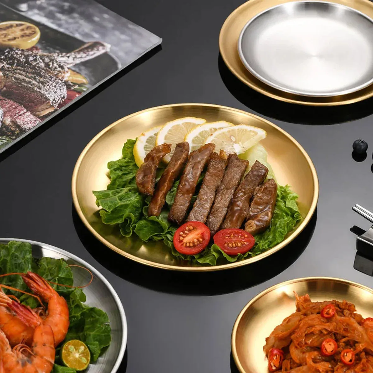 6 Piece Stainless Steel Bbq Plate Set For Korean Style Meat And Chicken