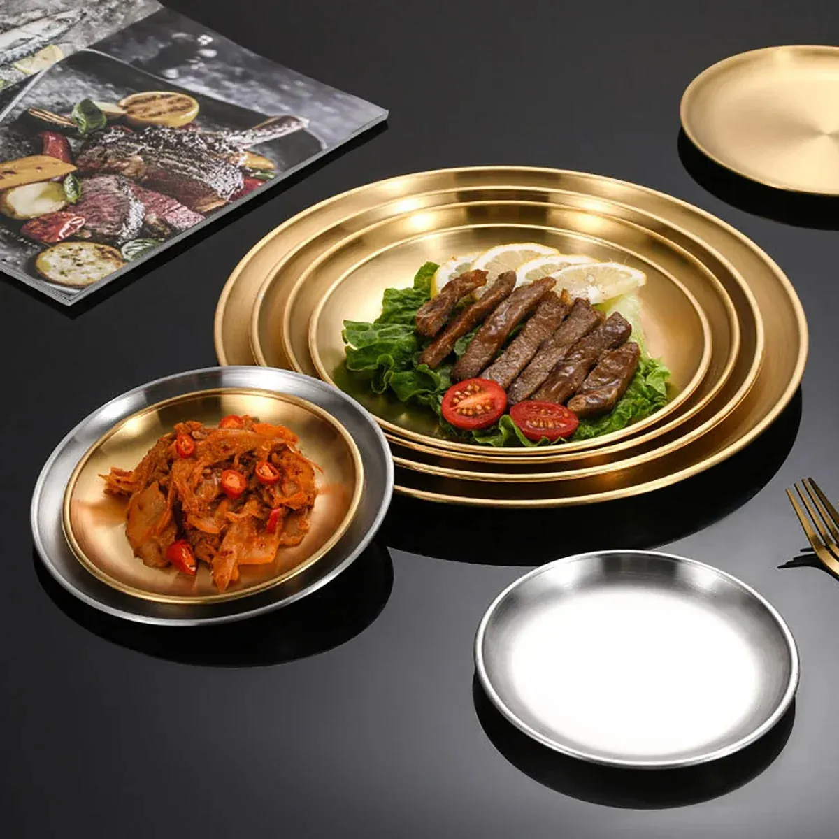 6 Piece Stainless Steel Bbq Plate Set For Korean Style Meat And Chicken