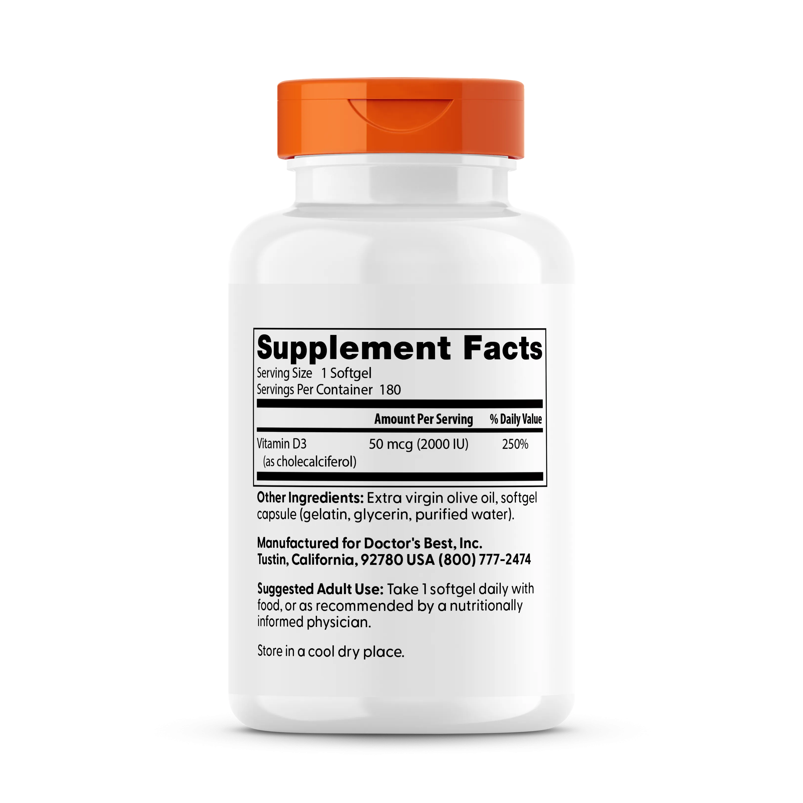 Doctor's Best Vitamin D3, 50 mcg (2,000 IU), 180 Softgels
