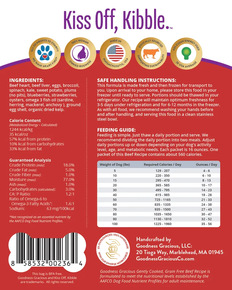 Goodness Gracious Human Grade Synthetic Free Beef Recipe Gently Cooked Frozen Dog Food