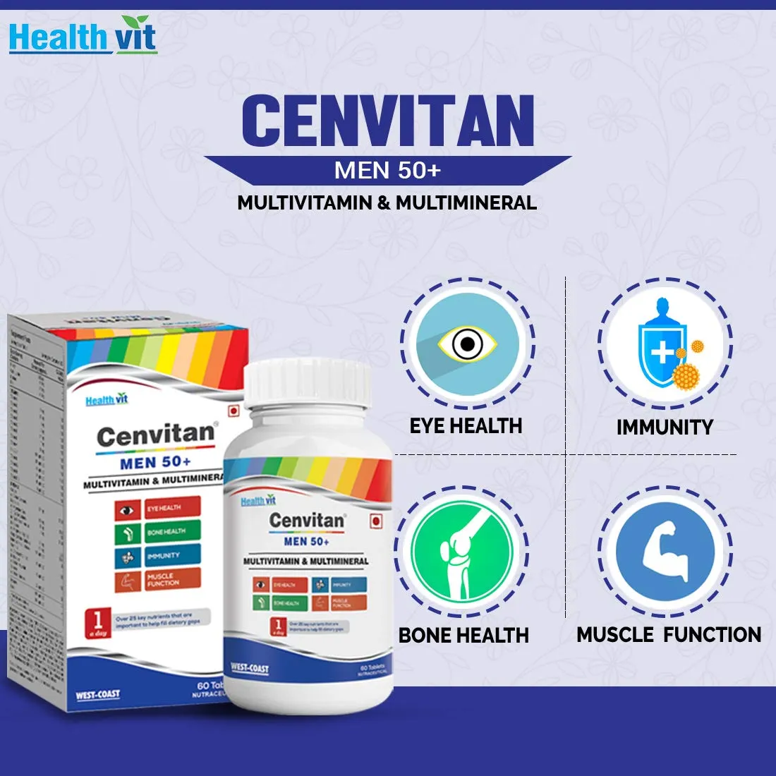 Healthvit Cenvitan Multivitamin for Men 50  | Men Daily Nutrition, Immunity Booster | Hair, Skin and Nails | Bone Health | Energy Boost | Metabolism Booster - 60 Tablets (25 Nutrients)