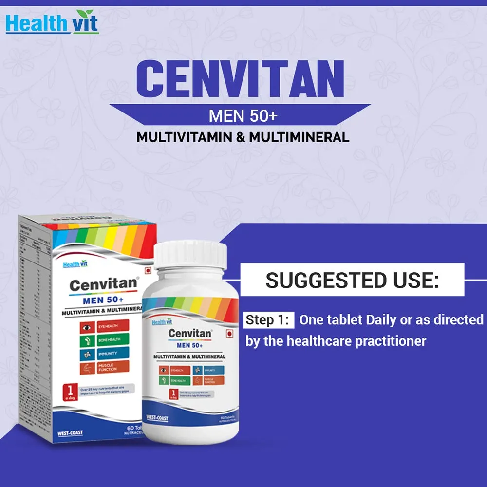 Healthvit Cenvitan Multivitamin for Men 50  | Men Daily Nutrition, Immunity Booster | Hair, Skin and Nails | Bone Health | Energy Boost | Metabolism Booster - 60 Tablets (25 Nutrients)