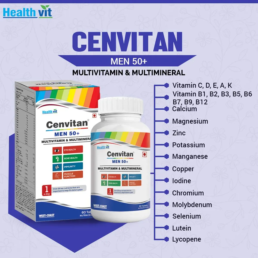 Healthvit Cenvitan Multivitamin for Men 50  | Men Daily Nutrition, Immunity Booster | Hair, Skin and Nails | Bone Health | Energy Boost | Metabolism Booster - 60 Tablets (25 Nutrients)
