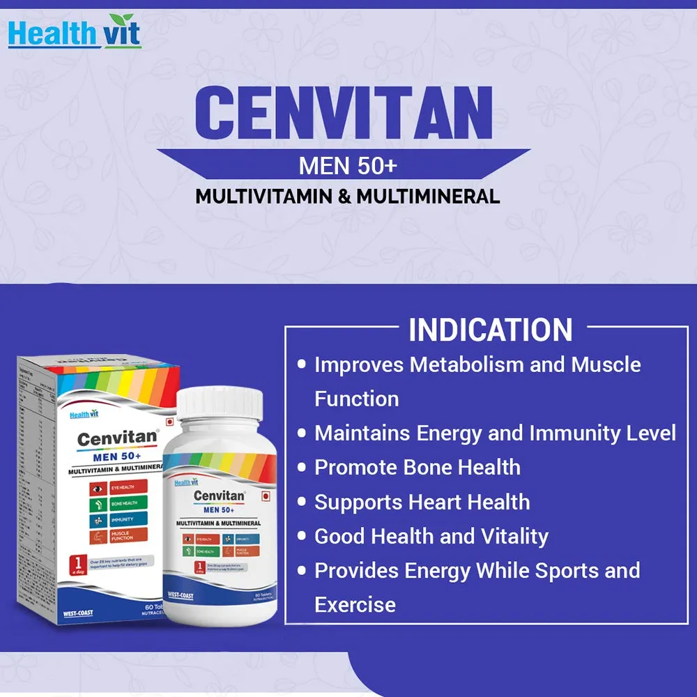 Healthvit Cenvitan Multivitamin for Men 50  | Men Daily Nutrition, Immunity Booster | Hair, Skin and Nails | Bone Health | Energy Boost | Metabolism Booster - 60 Tablets (25 Nutrients)
