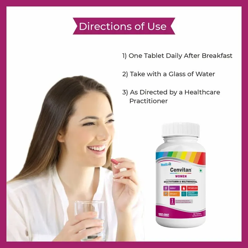 Healthvit Cenvitan Multivitamin for Women | Women Daily Nutrition, Immunity Booster | Hair, Skin and Nails | Bone Health | Energy Boost | Metabolism Booster - 60 Tablets (24 Nutrients)