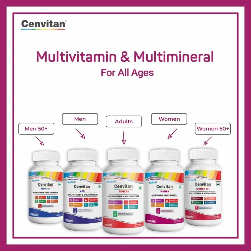 Healthvit Cenvitan Multivitamin for Women | Women Daily Nutrition, Immunity Booster | Hair, Skin and Nails | Bone Health | Energy Boost | Metabolism Booster - 60 Tablets (24 Nutrients)
