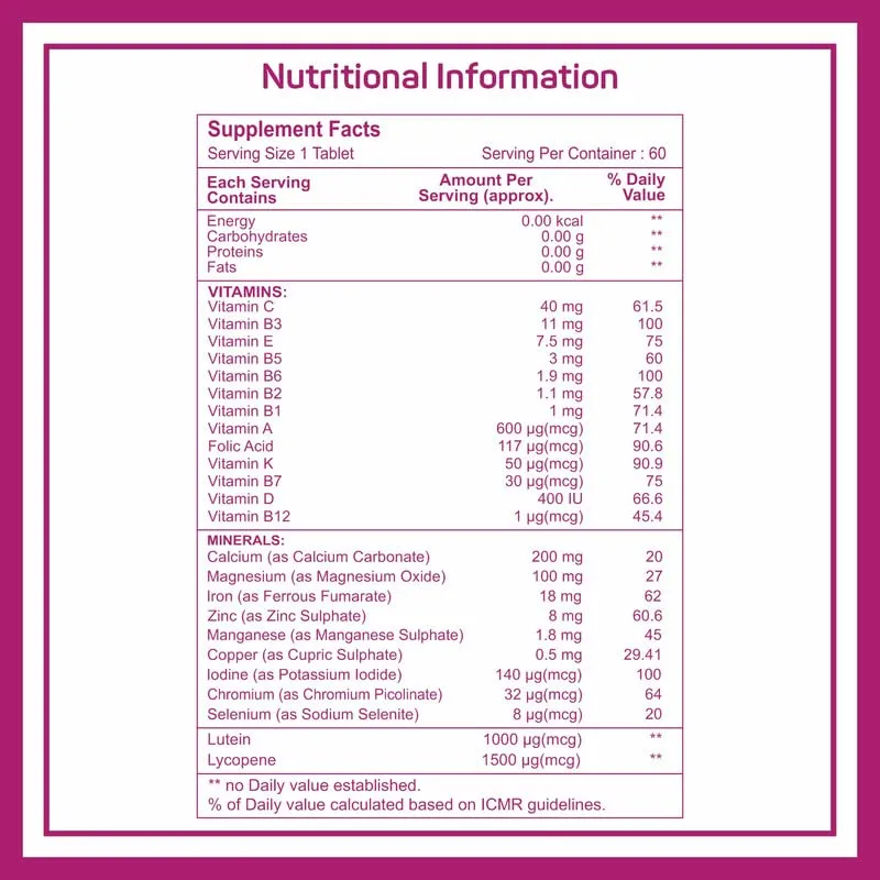 Healthvit Cenvitan Multivitamin for Women | Women Daily Nutrition, Immunity Booster | Hair, Skin and Nails | Bone Health | Energy Boost | Metabolism Booster - 60 Tablets (24 Nutrients)