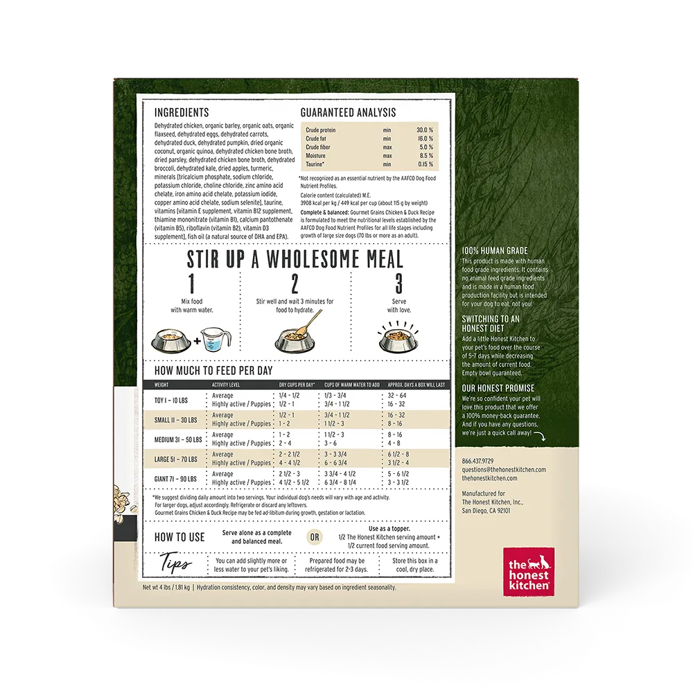 Honest Kitchen Gourmet Grains Chicken & Duck Dog Food 4lb