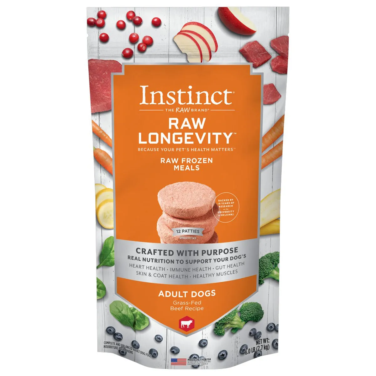 Instinct Raw Longevity Frozen Patties Grass-Fed Beef Dog Food 6lb