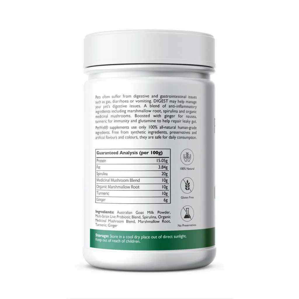 PetWell Digest Natural Pet Digestion Supplement for Dogs and Cats 125g