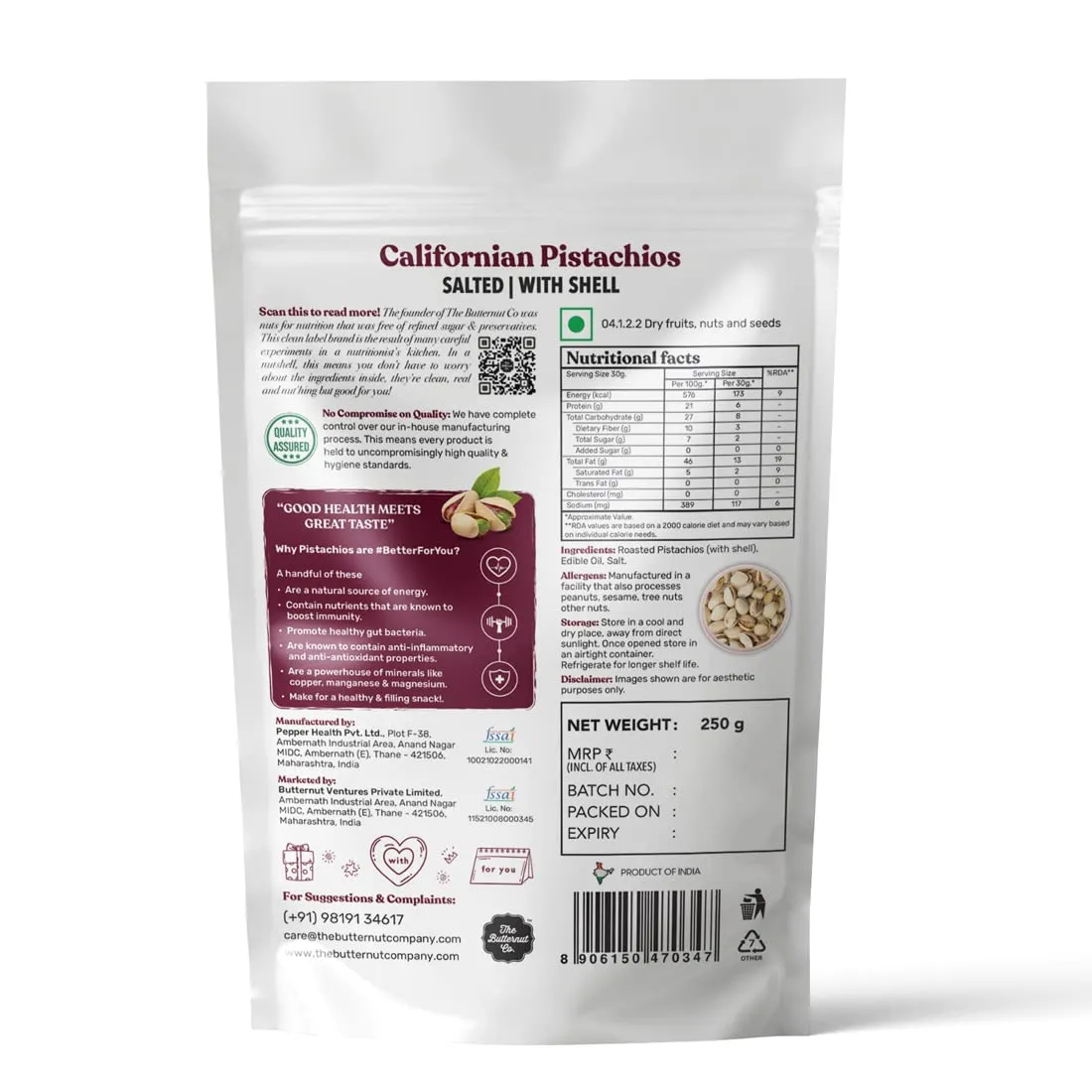 The Butternut Co. Roasted & Salted Californian Pistachios With Shell 250g | 100% Natural High Protein & High Fiber | Gluten Free | Whole Pista Nuts
